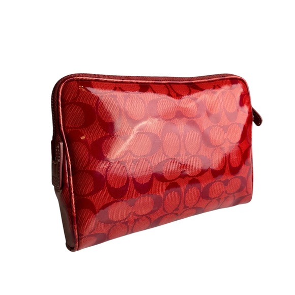 Coach Signature Red Patent Leather Accents Handbag Clutch Make up Case Women’s - Picture 14 of 17